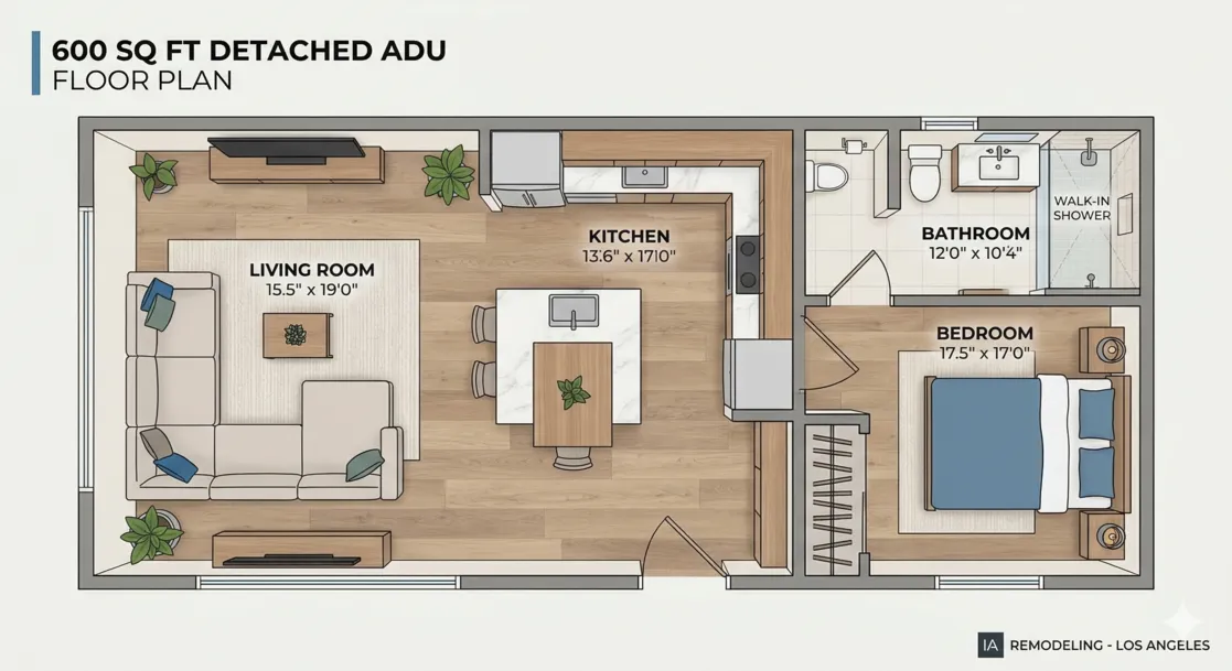 Architectural floor plan of a 600 square foot detached ADU featuring a kitchen, living room, bedroom, and bathroom.